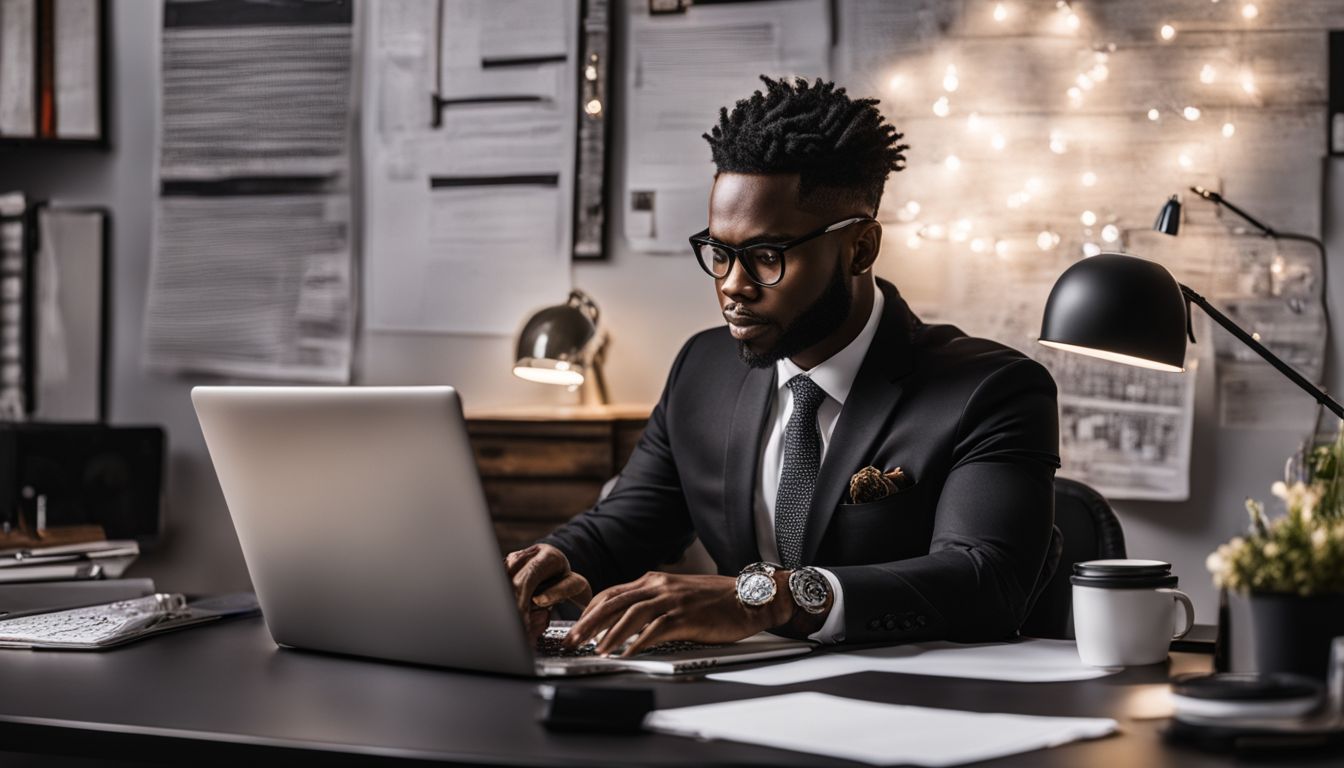 A business owner working at a desk surrounded by business-related items, typing on a computer.